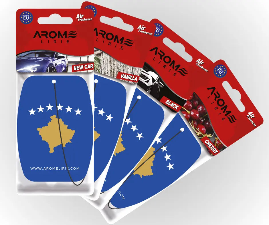 Kosovo Duftbaum Set – Auto-Lufterfrischer mit kosovarischem Flaggenmotiv von Arome Lirie