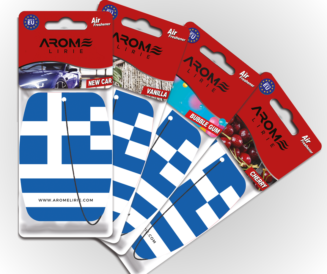 Griechenland Duftbaum Set – Auto-Lufterfrischer mit griechischem Flaggenmotiv von Arome Lirie